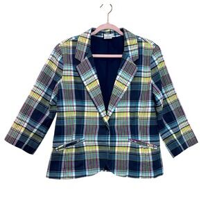 Y2K Chadwick's Plaid Cotton Blazer Women's 12 Preppy Madras‎ Jacket 3/4 Sleeve